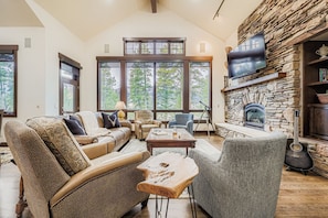 Flat-screen TV, fireplace, offices
