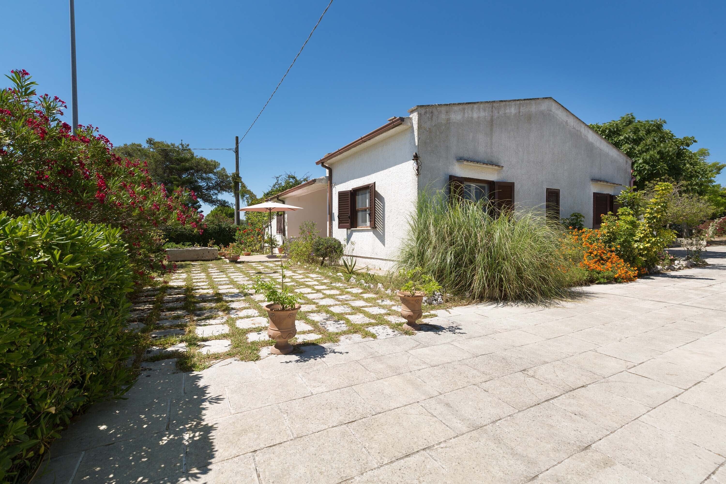 A house with a paved driveway, potted plants, and a garden with various shrubs and flowers.