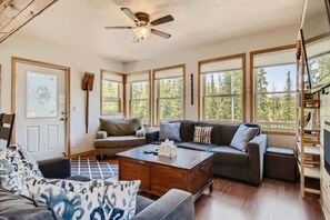 Televisie, een open haard en een kantoor