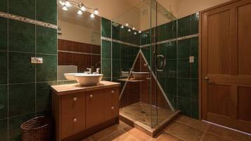 Shower, towels, soap, toilet paper