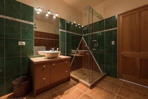 Shower, towels, soap, toilet paper