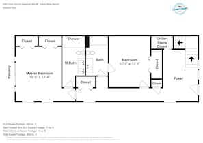 Plan d’étage d’un logement situé au rez-de-chaussée, au 5281 East County Highway 30A, unité F, à Santa Rosa Beach. Il comprend une chambre principale, une salle de bain, une douche, une salle de bain attenante à la chambre principale, une chambre, un placard sous l’escalier, un hall d’entrée et un balcon.