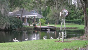 Un estanque tranquilo con cisnes, un molino de viento y un pabellón en un jardín exuberante.