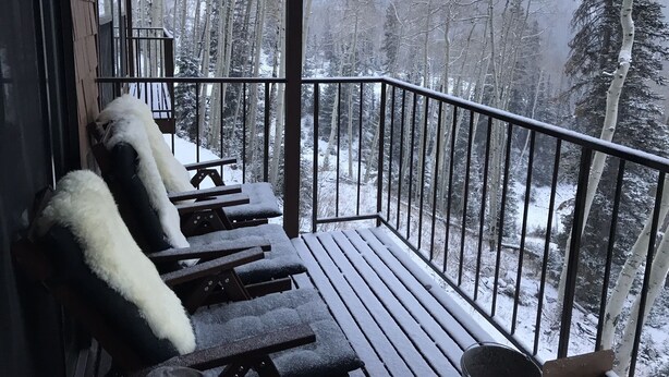 Une terrasse en bois, avec des bancs recouverts de neige, qui offre une vue sur une forêt enneigée.