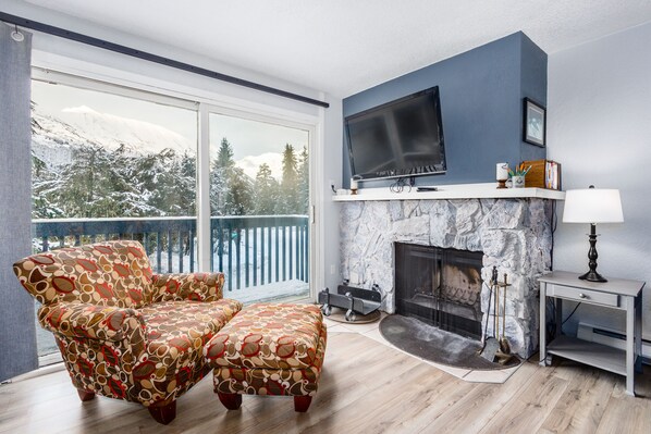 Televisión, chimenea y reproductor de DVD