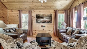 Smart TV, fireplace, table football, books