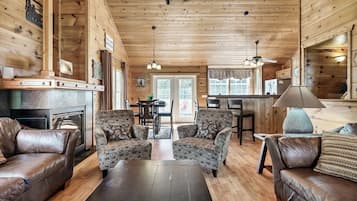 Smart TV, fireplace, table football, books