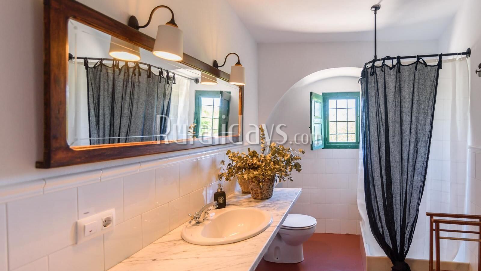 A bathroom with a white sink, a mirror, a toilet, and a shower curtain.