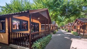 A row of wooden cabins with balconies, a gravel path, and surrounding greenery.