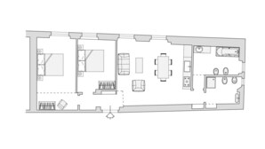 A floor plan of a hotel with a dining area, kitchen, and a bathroom. - Ponte Vecchio White in Florence by Mmega (Firenze)