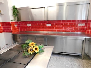 A kitchen with red tiled backsplash, stainless steel appliances, and a decorative sunflower arrangement on the counter. - Langewiese 1 Apartment - Sleeps 1–4 - Astenblick Guesthouse, also suitable for small children (Winterberg)