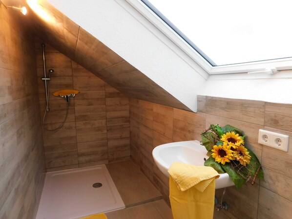 Une salle de bain dotée d’une lucarne, d’une douche, d’un lavabo et d’un porte-serviettes.