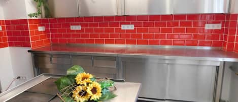 Eine Küche mit roter Fliesenrückwand, Edelstahlgeräten und einer dekorativen Sonnenblumenanordnung auf der Arbeitsplatte.