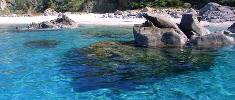 En la playa, sillas reclinables de playa, toallas de playa