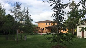 Une maison avec une pelouse bien entretenue, un petit arbre et un kiosque.