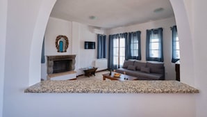 Un salon avec une cheminée, un canapé, une table basse et un téléviseur.