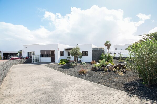 A modern building with a paved driveway, a small garden with various plants, and a clear sky.
