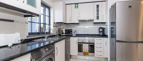 Fridge, microwave, oven, dishwasher