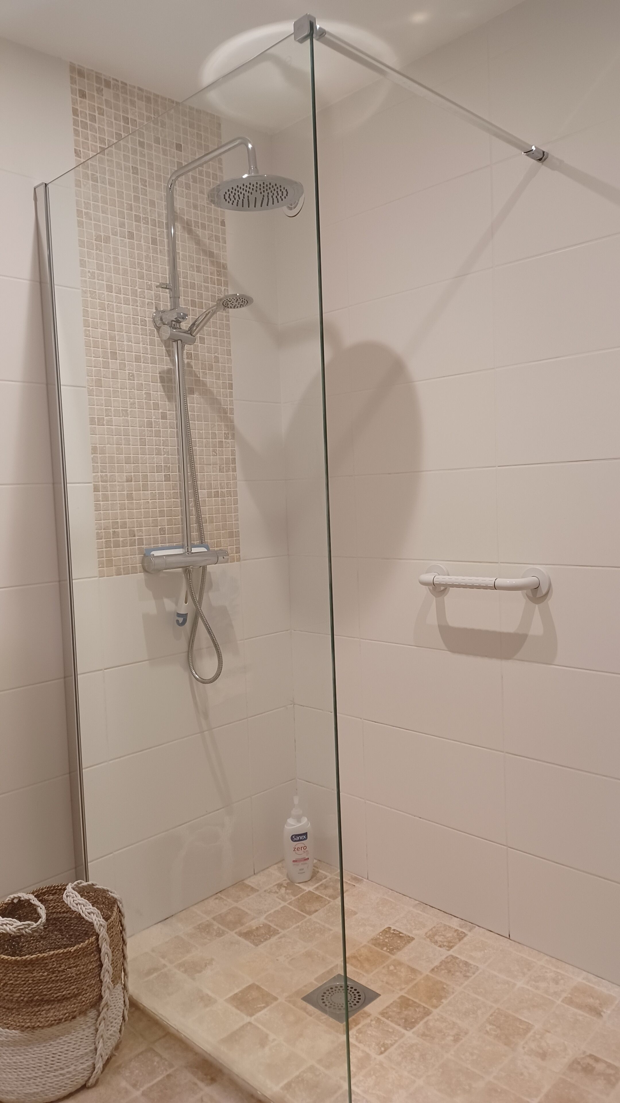 A glass-enclosed shower with a handheld showerhead, a wall-mounted faucet, and a handheld showerhead.