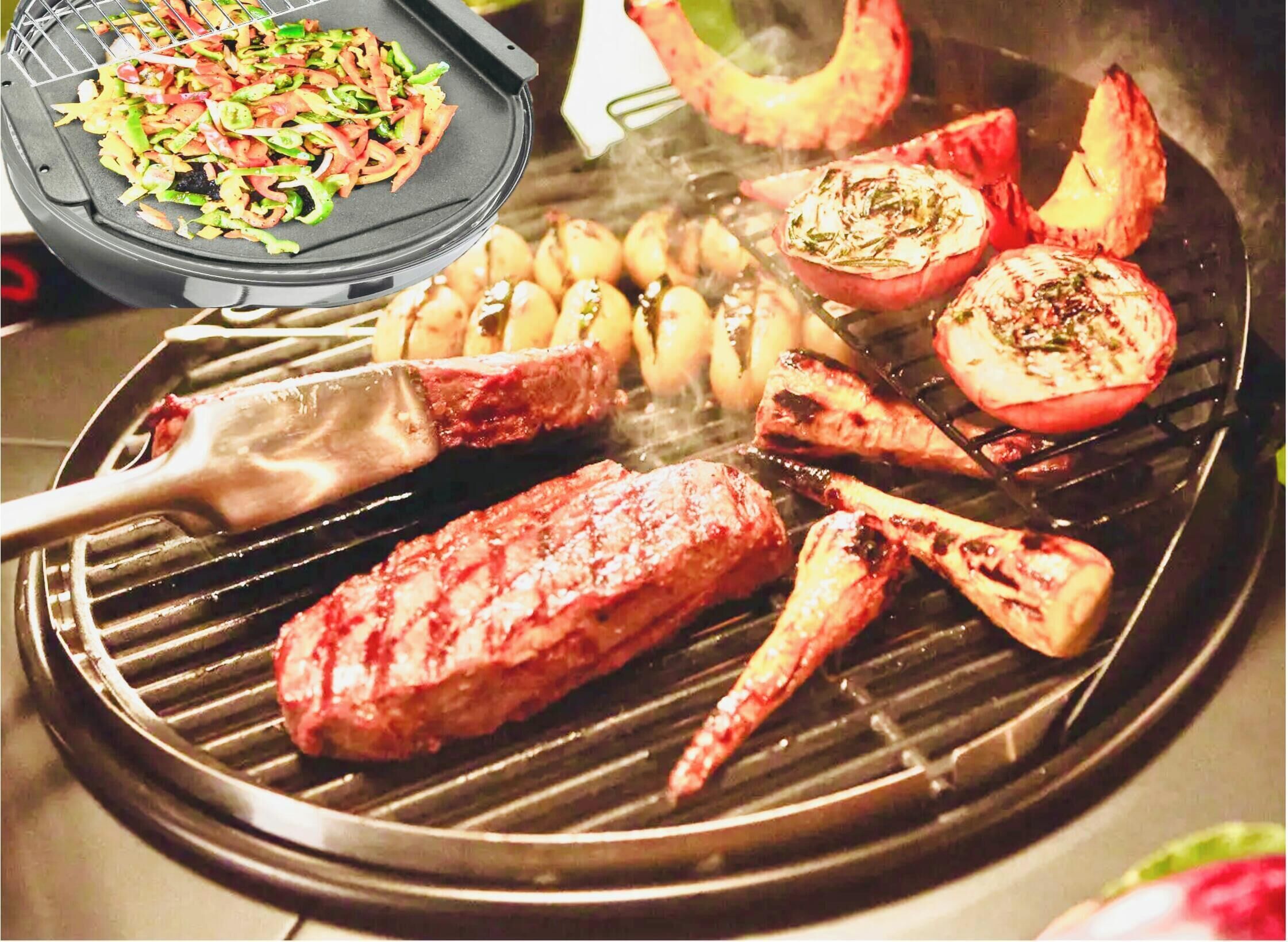 Una parrilla con diversos tipos de carne y verduras asándose.