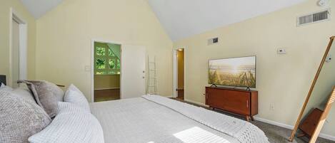Ein Schlafzimmer mit Bett, Fernseher, Kleiderschrank und einer Tür, die auf einen Balkon führt.