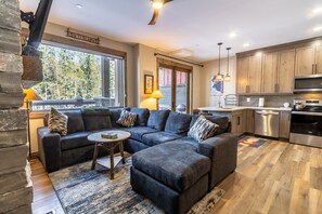 Flat-screen TV, fireplace, DVD player, books