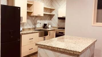 Fridge, oven, stovetop, coffee/tea maker