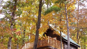 A wooden cabin with a deck, surrounded by trees with autumn foliage. - Shady Pine Primitive Cabin 2 @Spring Lake Ranch (Potosi)