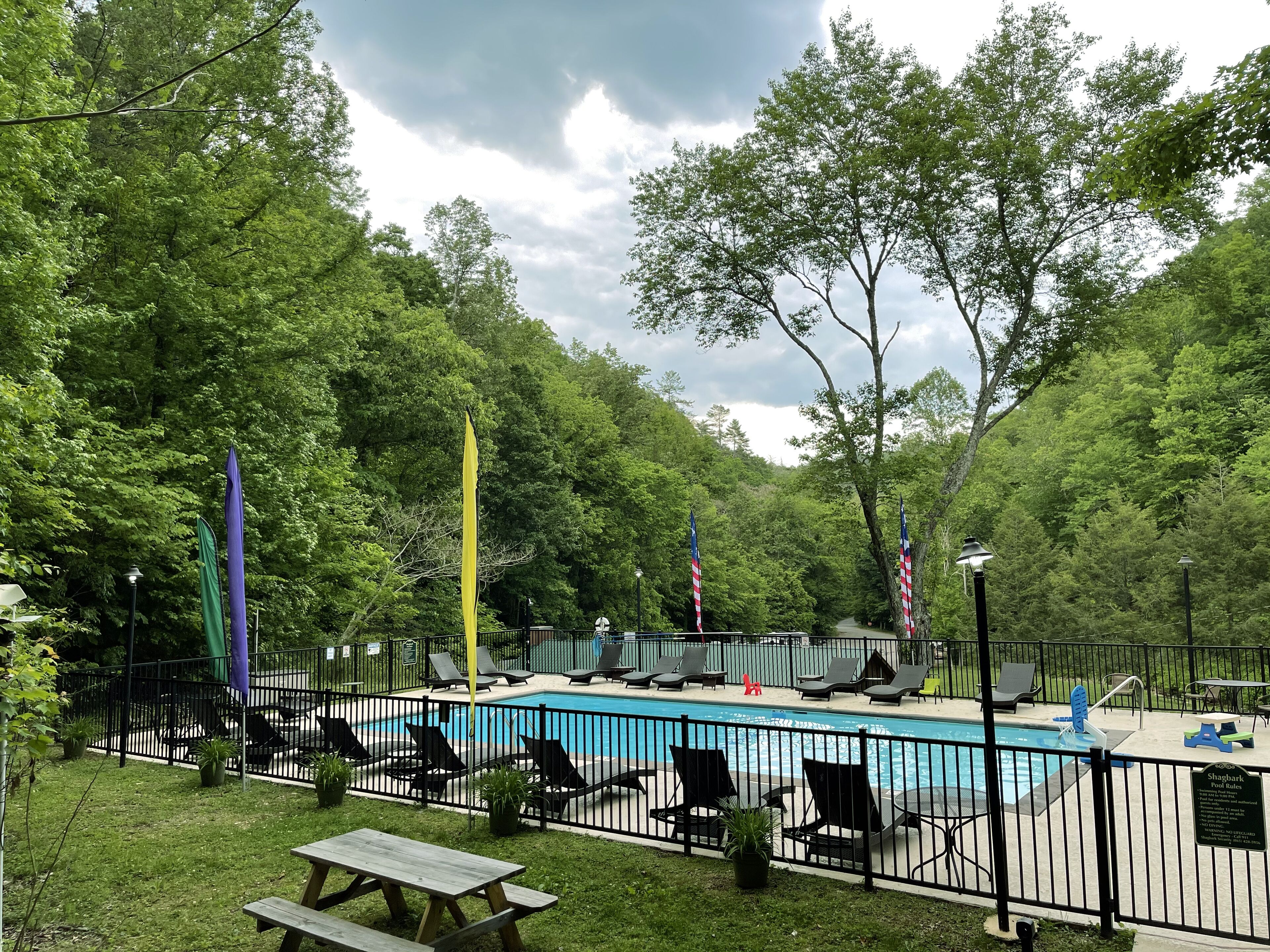 Una piscina con sillas de descanso y una mesa de picnic, rodeada por una valla y árboles.
