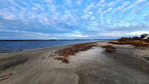 A beach with a sandy shore, seaweed, and footprints.
