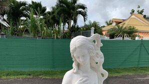 A white statue of a figure with flowing hair, placed on a bed of white and black pebbles. - Villa Saphir Equipée (Gourbeyre)