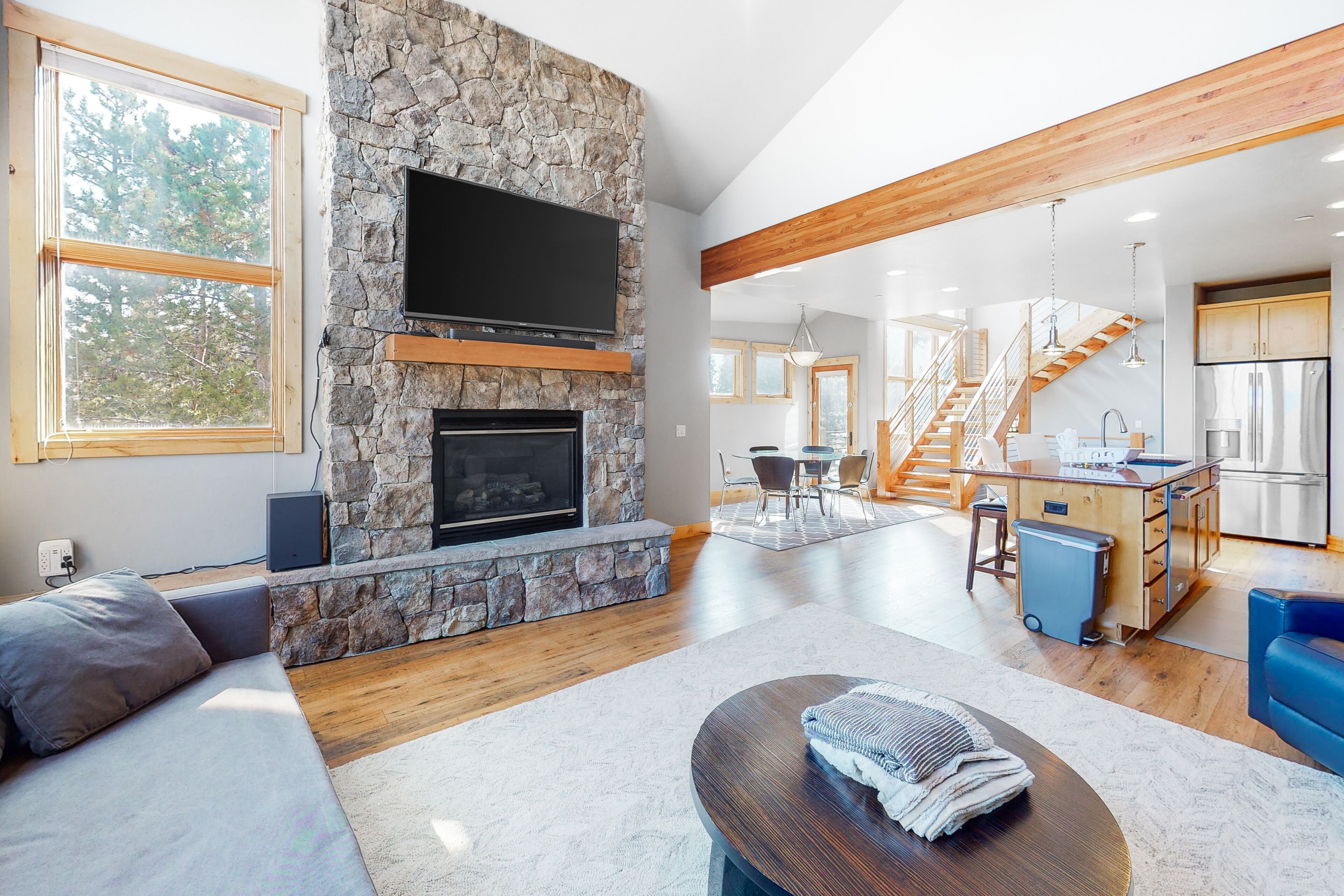 Sleek, stylish, & spacious home w/ a gas fireplace, furnished balcony, free WiFi