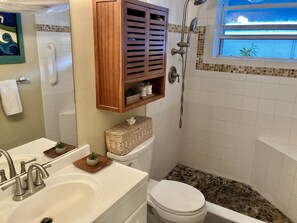 Combined shower/tub, hair dryer, towels, soap