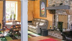 A living room with a leather sofa, a dining table with chairs, a fireplace, and a window with plants. - Cozy home in La Souterraine (La Souterraine)