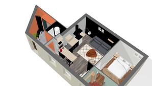 A 3D floor plan of a modern apartment with a kitchen, dining area, living room, and two bedrooms.