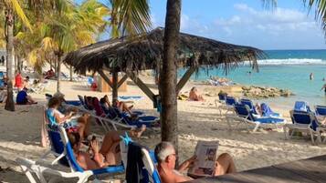 Une plage bordée de palmiers, une cabane à toit de chaume et des gens se détendant sur des chaises longues.