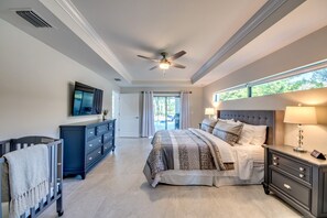 A bedroom with a bed, bedside tables, a dresser, a television, and a ceiling fan.