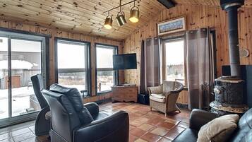 Smart TV, fireplace, DVD player, books