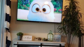 A living room with a television mounted on the wall, a wooden entertainment center, a potted plant, and a sign with the text "lovin' life". - Eufaula Lakefront House In Quiet Neighborhood w/ Private Dock & Game room (Canadian)