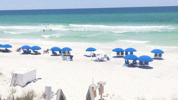 A beach with white sand and clear blue water. There are several blue umbrellas and lounge chairs arranged on the sand. - Beautiful Condo!!  Boutique Complex,  Private Beach Access,  Pool (Santa Rosa Beach)