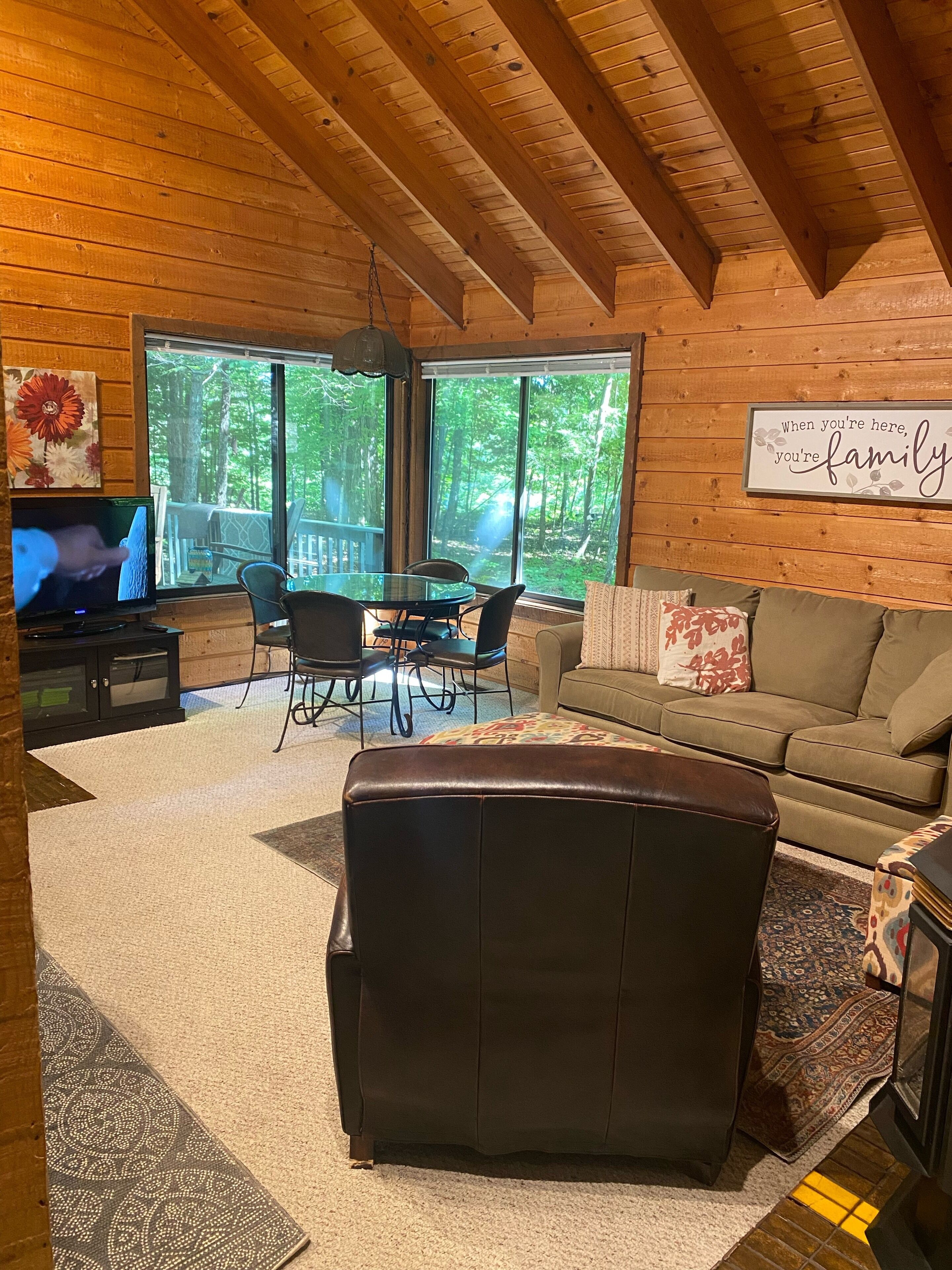 Smart TV, fireplace, video games, DVD player