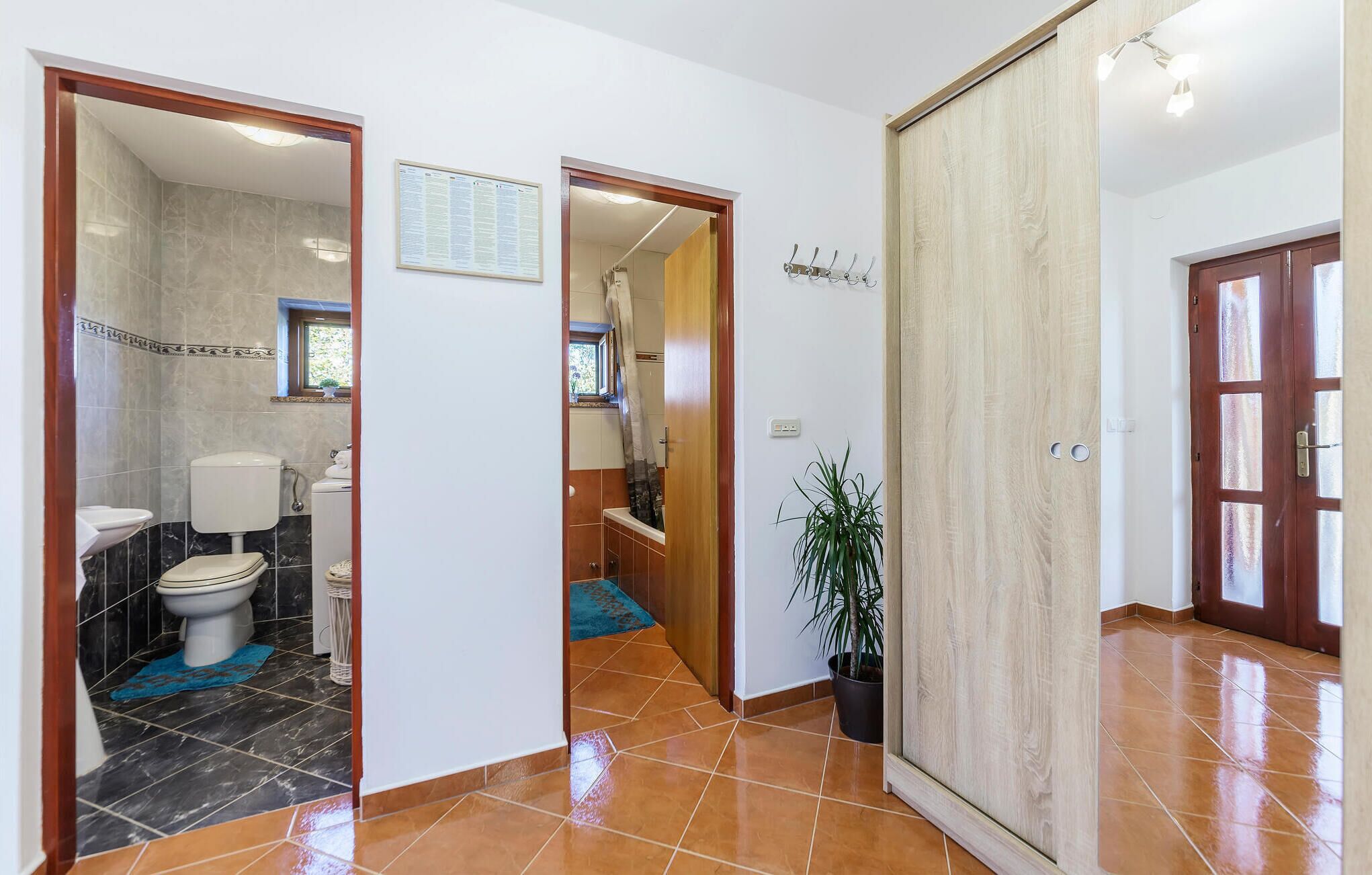A hallway with a bathroom, a wooden door, and a potted plant.