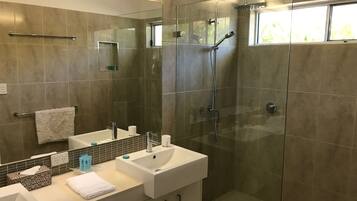 Shower, towels, soap, toilet paper