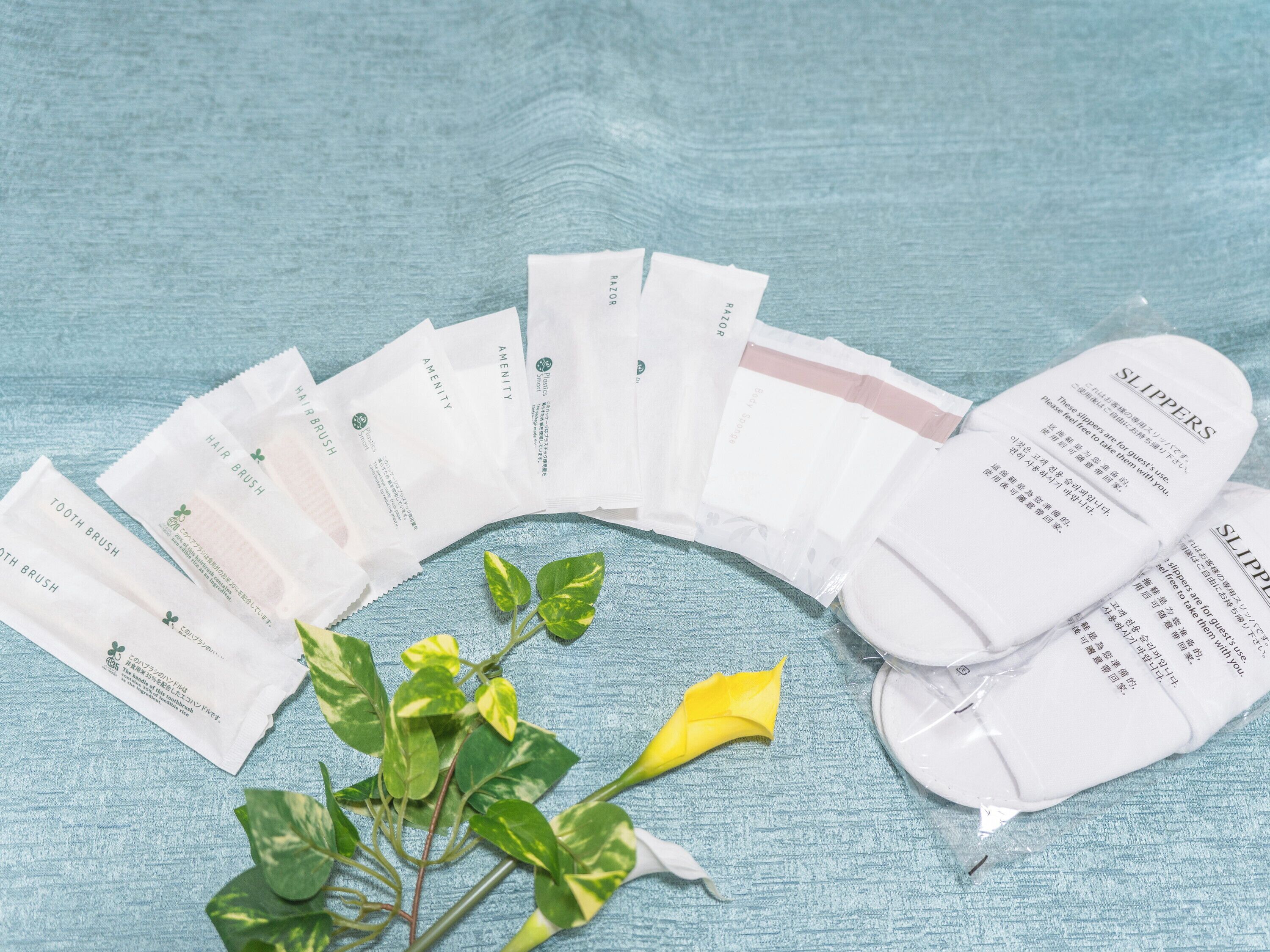 Eine Reihe aus weißen Papierprodukten mit Text, die in einer halbrunden Anordnung auf einer strukturierten Oberfläche liegen, mit einer grünen Pflanze und einer gelben Blume in der Nähe.