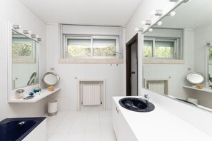 Bathtub, hair dryer, bidet, towels