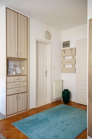 A room with a wooden wardrobe, a radiator, a green vase, and a blue rug. - Nikolajevska (Novi Sad)