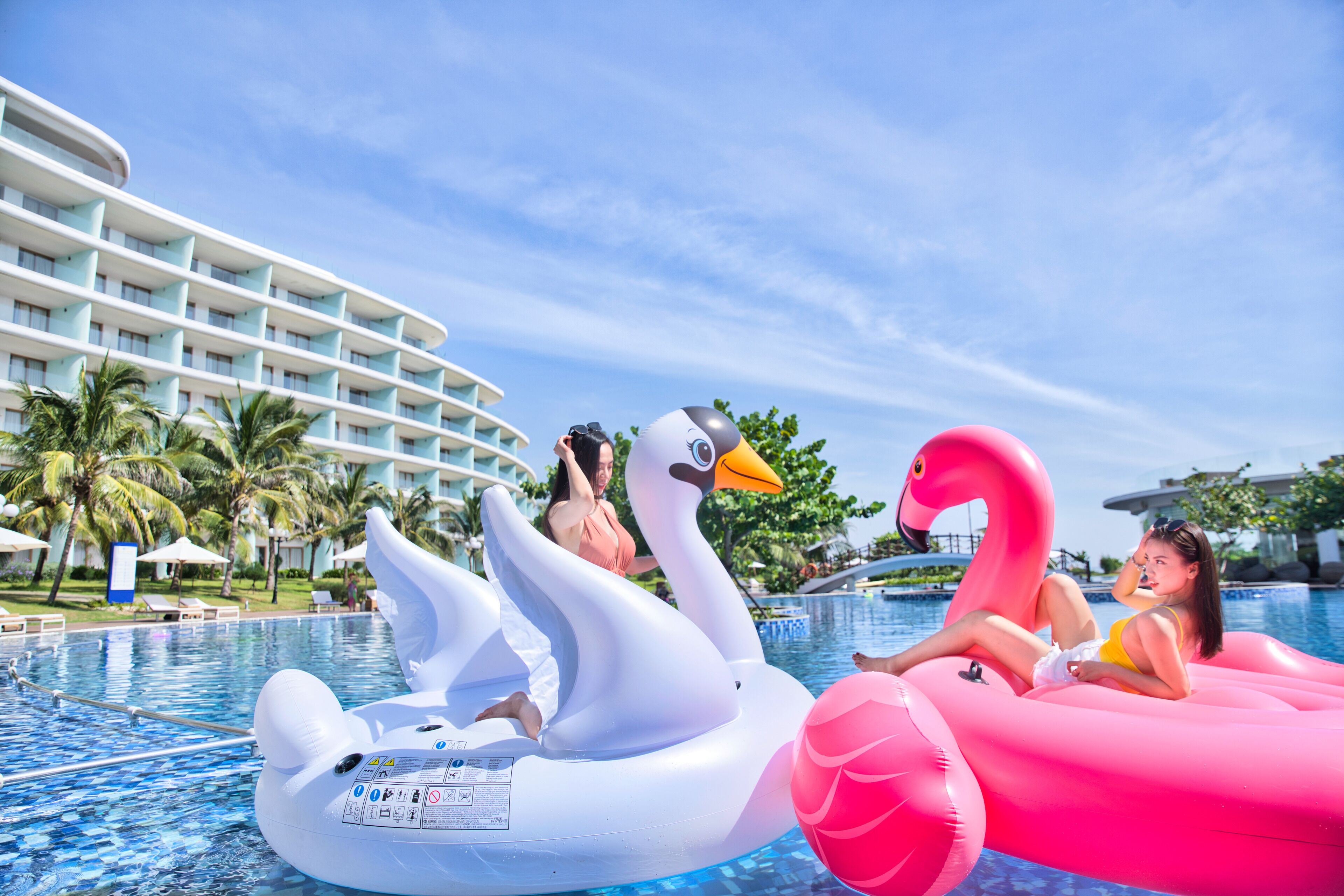 Una piscina con dos grandes flotadores de cisne hinchables, uno blanco y otro rosa, y un edificio moderno de hotel al fondo.