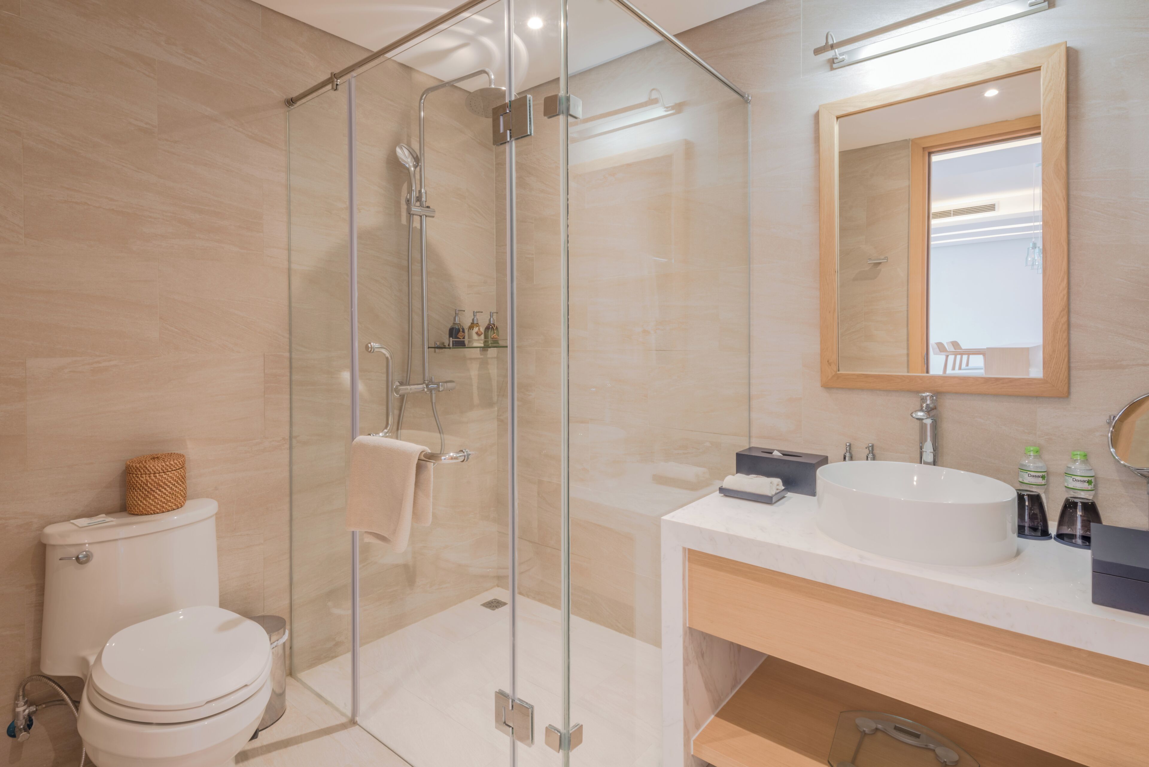 A modern bathroom with a glass-enclosed shower, a white toilet, and a vanity with a large mirror.