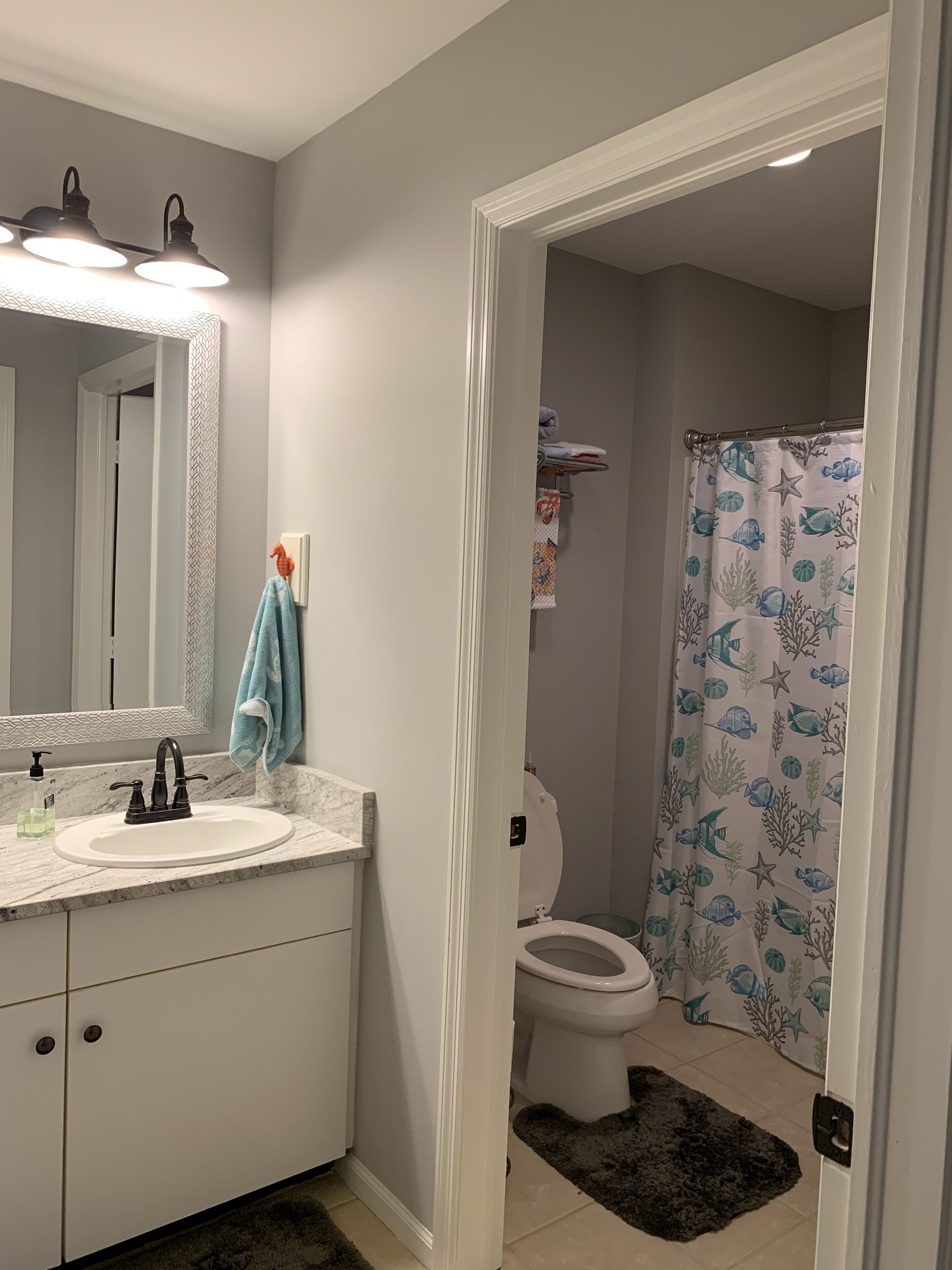 A bathroom with a white sink, a mirror, and a shower curtain with a marine life pattern.