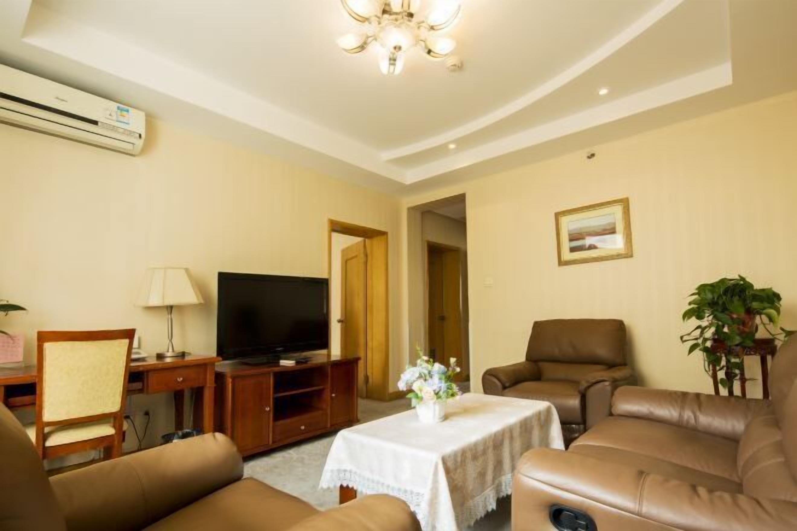 A living room with a television, leather sofas, a table with a vase, and an air conditioning unit.
